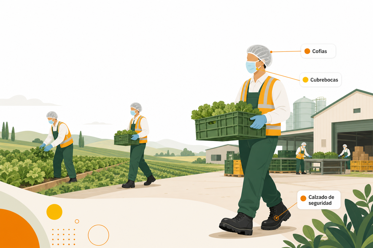 Campo y cadena alimentaria: cofia, cubrebocas y calzado de seguridad.