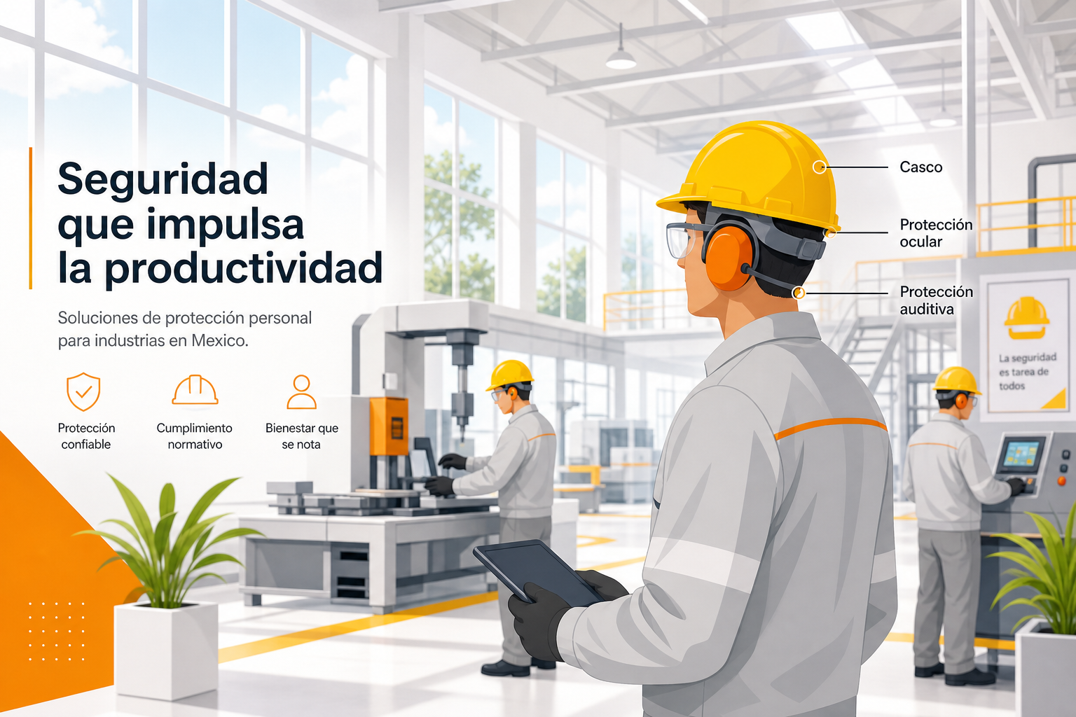 Planta luminosa: casco, protección ocular y auditiva en operación.